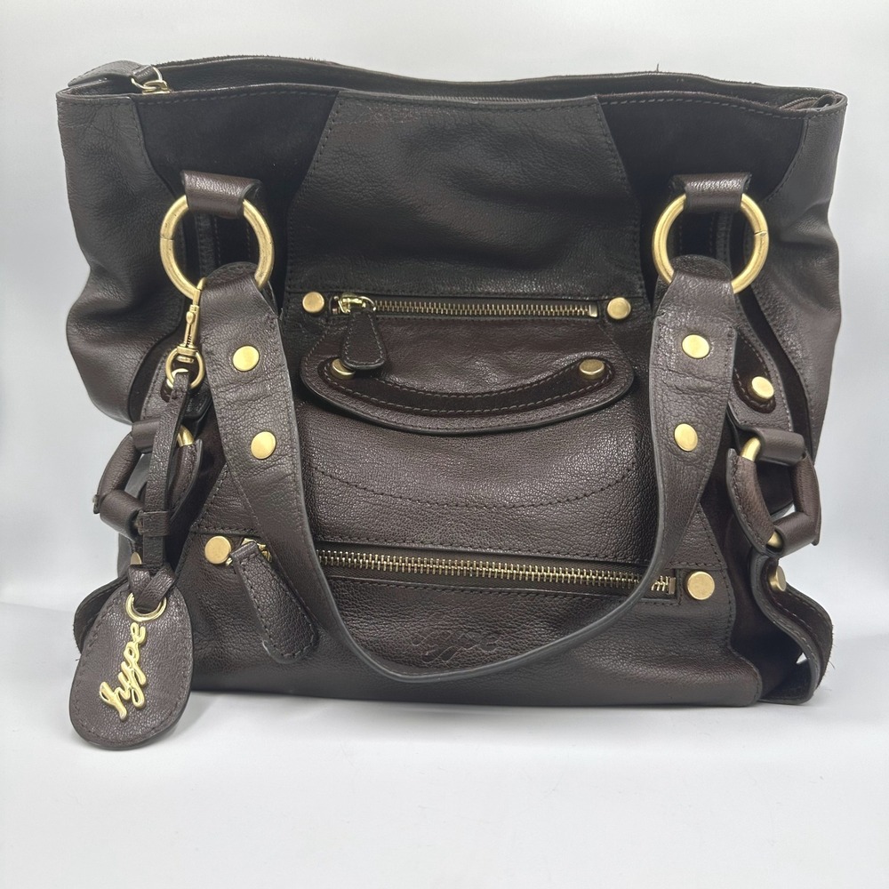 Y2K Hype Brown Pebbled Leather Suede Moto Shoulder Bag Gold Hardware Studded